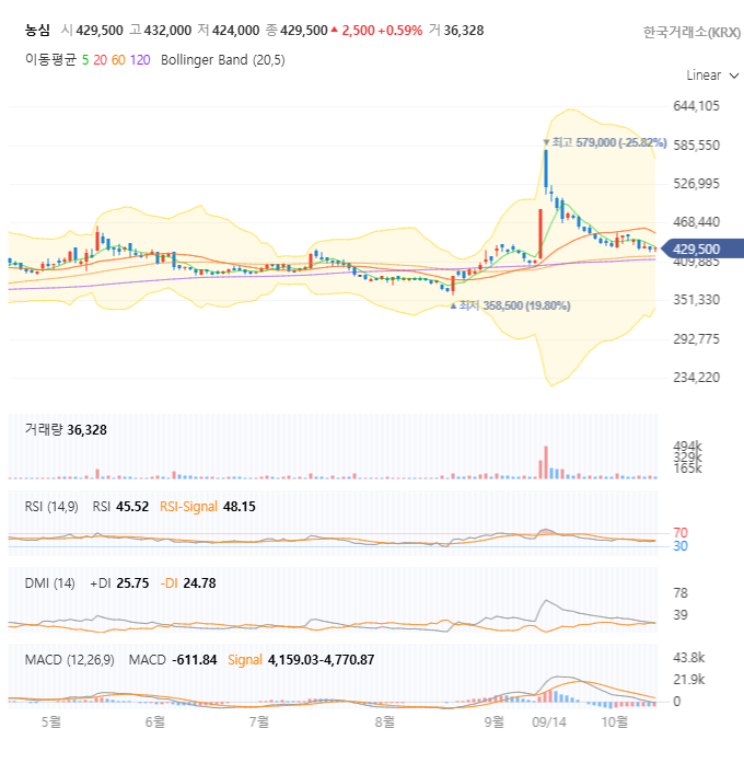 농심 주식 차트와 기술적 분석